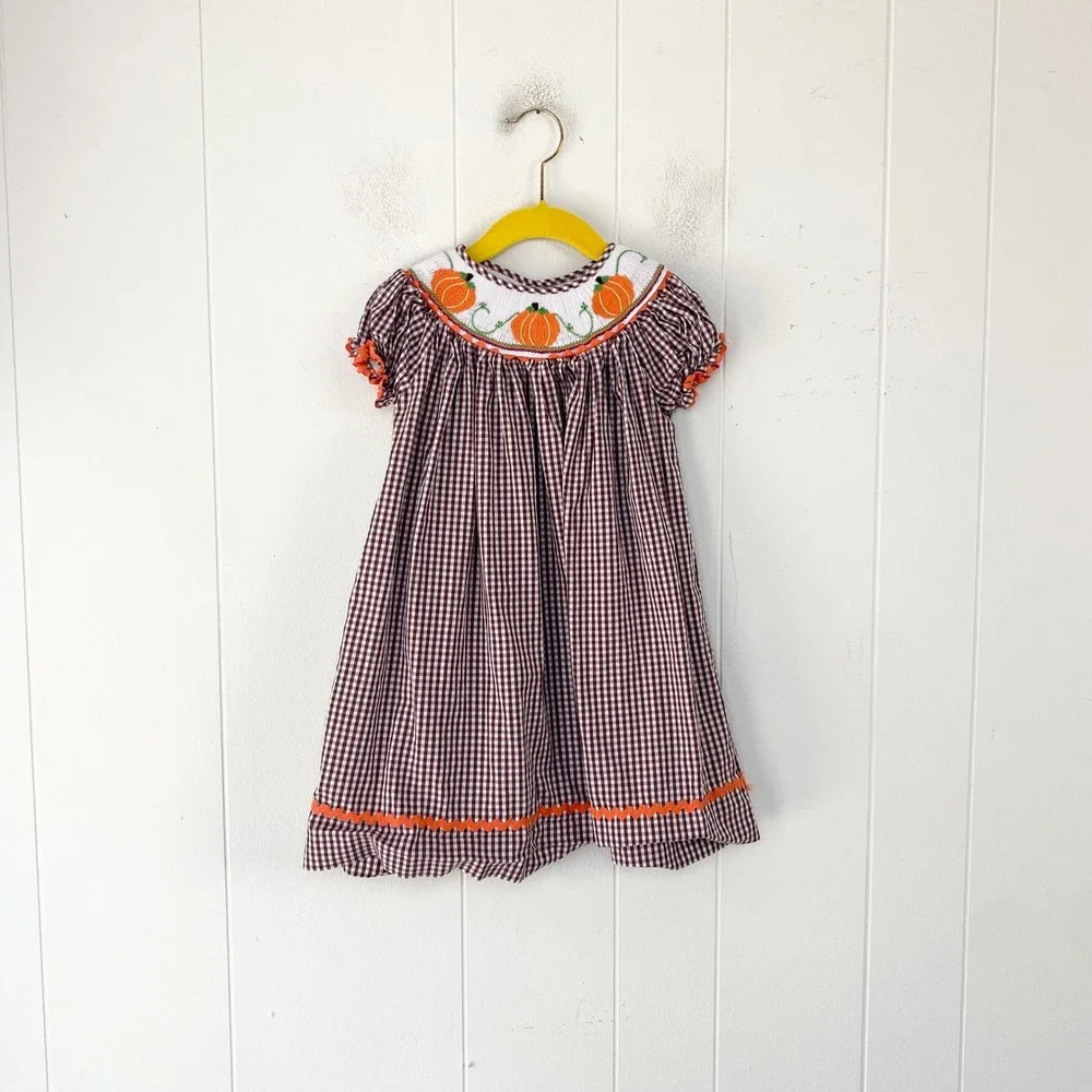 Marmellata Girls sz 3T Brown Gingham Smocked Pumpkin Thanksgiving Dress